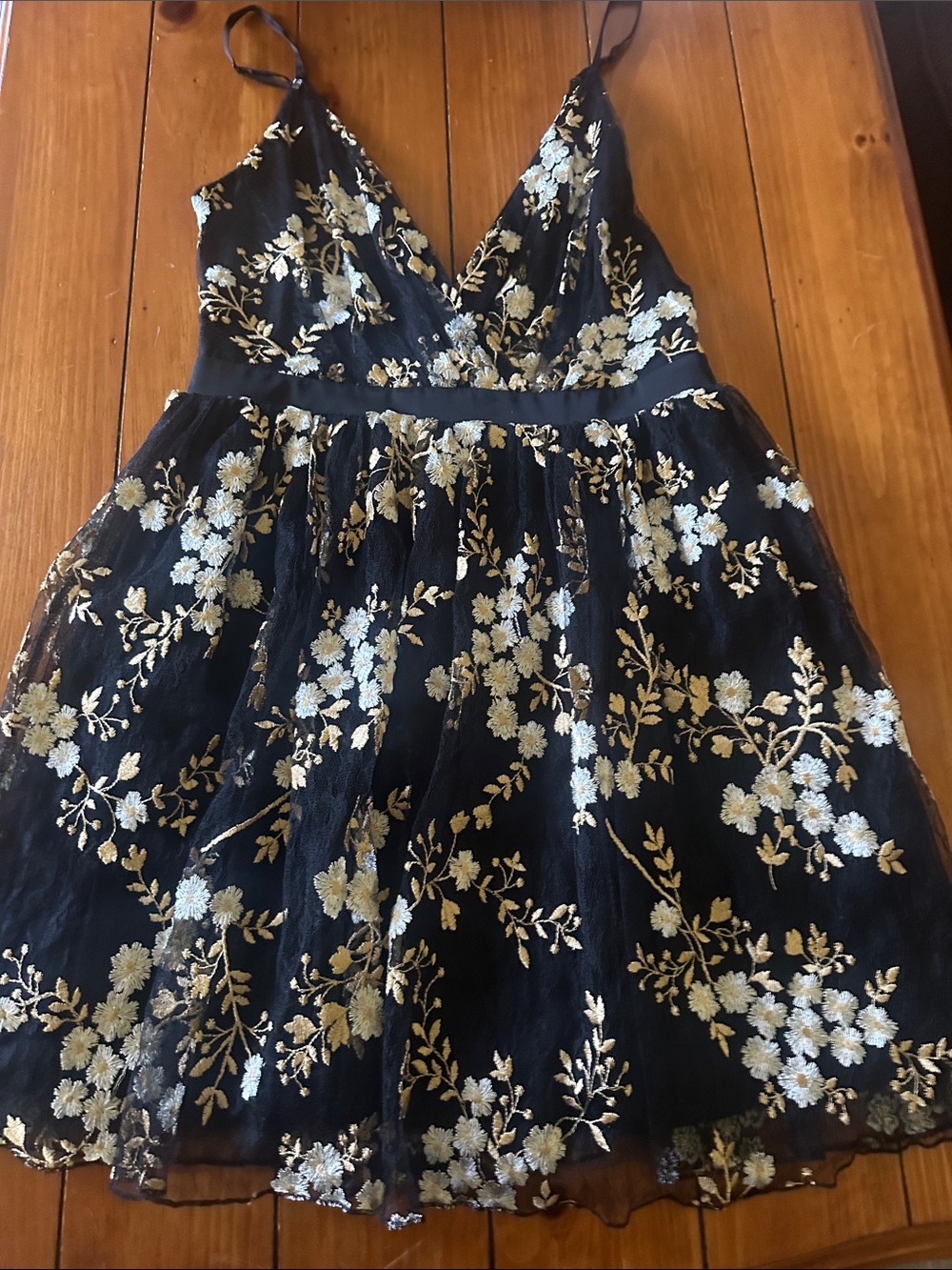 Express Black Mini Dress with Gold and Ivory Floral Embroidery
